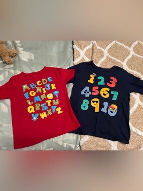 Bundle of 2 The Children's Place 5T Red alphabet and Blue numbers fun boy shirt